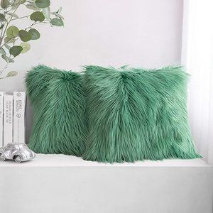 Set of 2 Decorative White Faux Fur Throw Pillow Cover 18x18 Green
